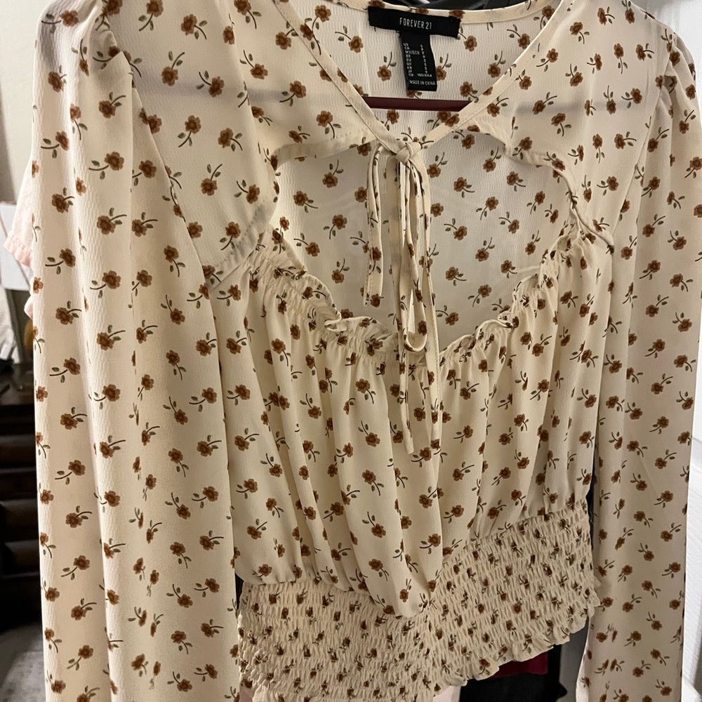 Forever 21 Cream Floral Blouse with Smocked Hem